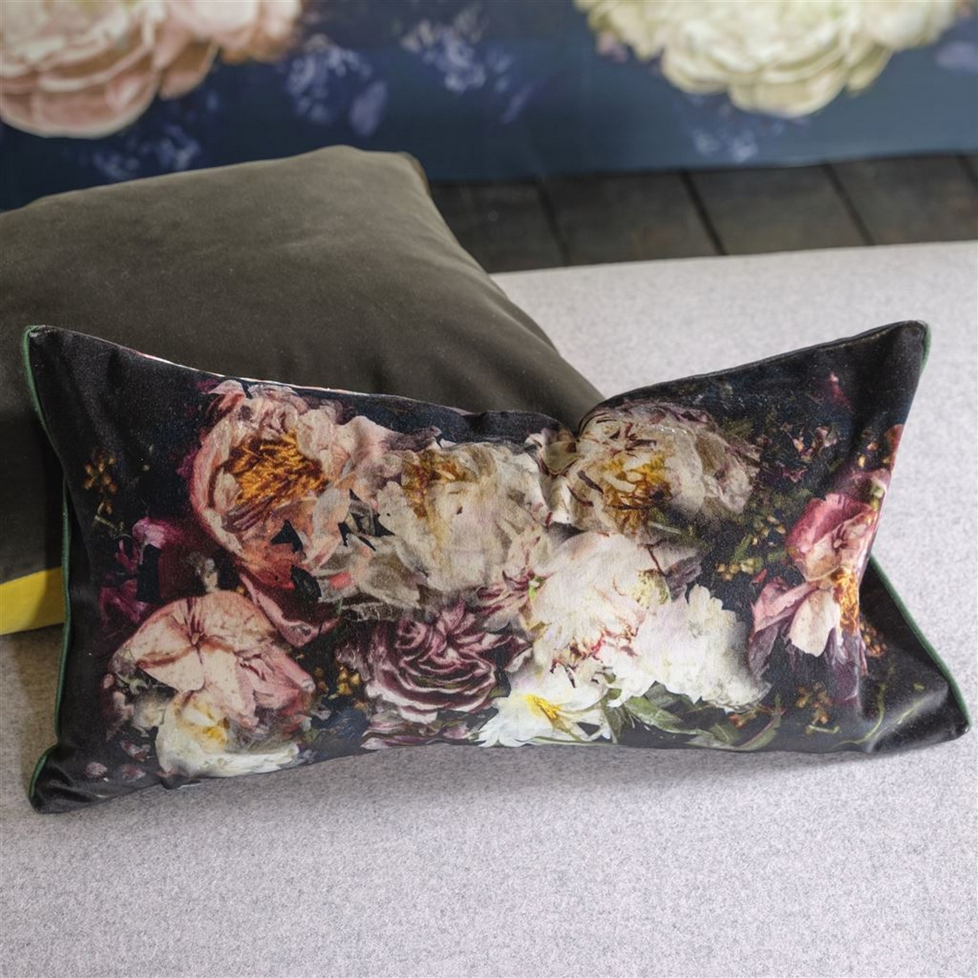 Designers Guild Fleur De Nuit Pink Floral Cushion In Noir Black